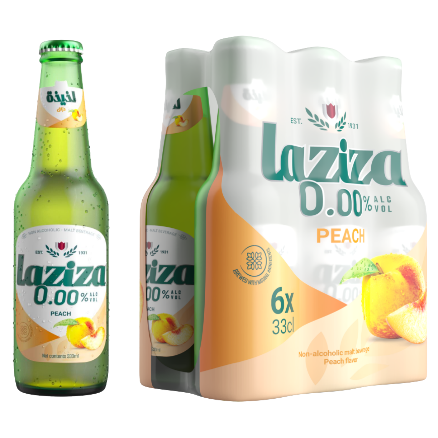 LAZIZA PEACH – NON-ALCOHOLIC MALT DRINK – 6 PACK