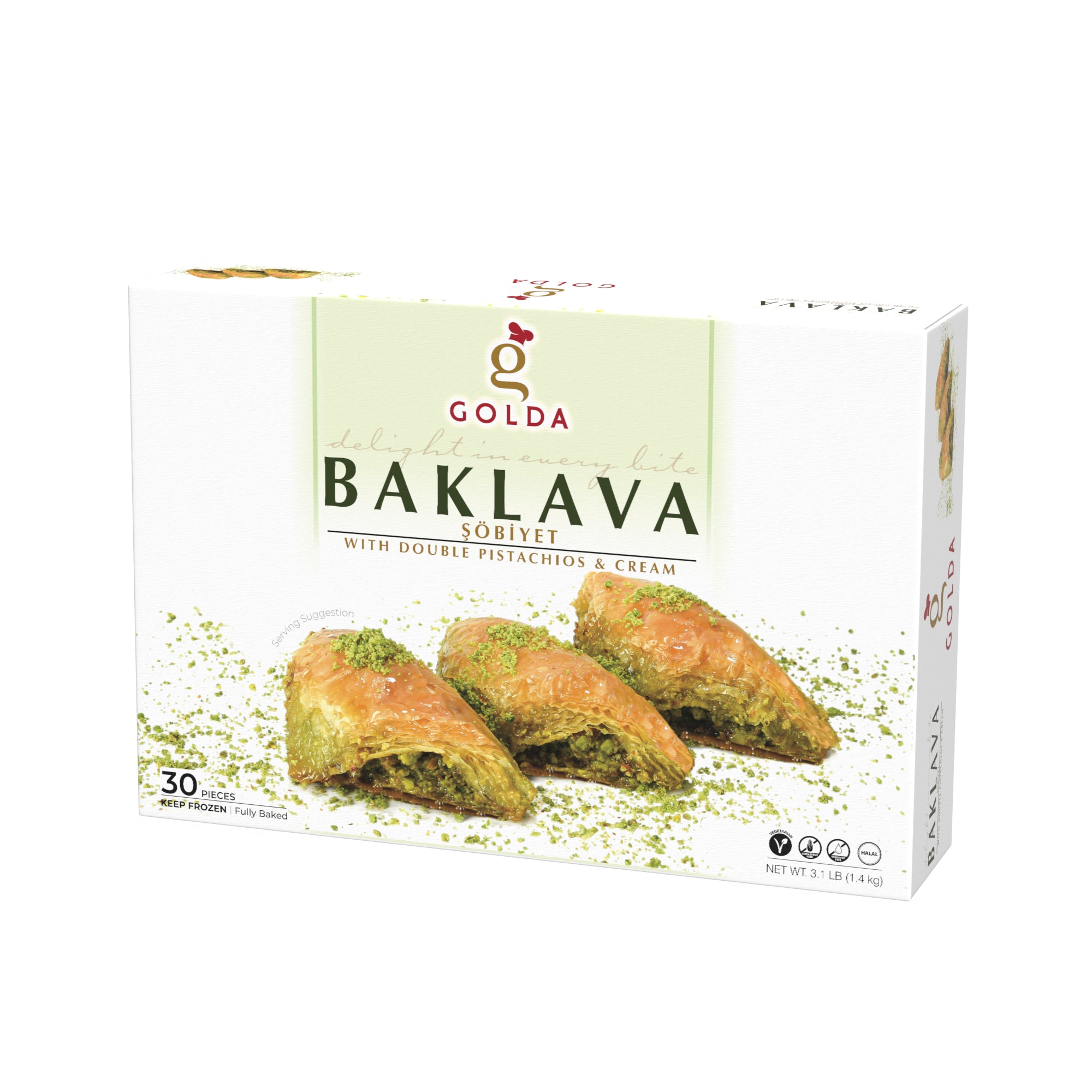 GOLDA SOBIYET BAKLAVA DOUBLE PISTACHIO & CREAM 30 PCS 1.4KG