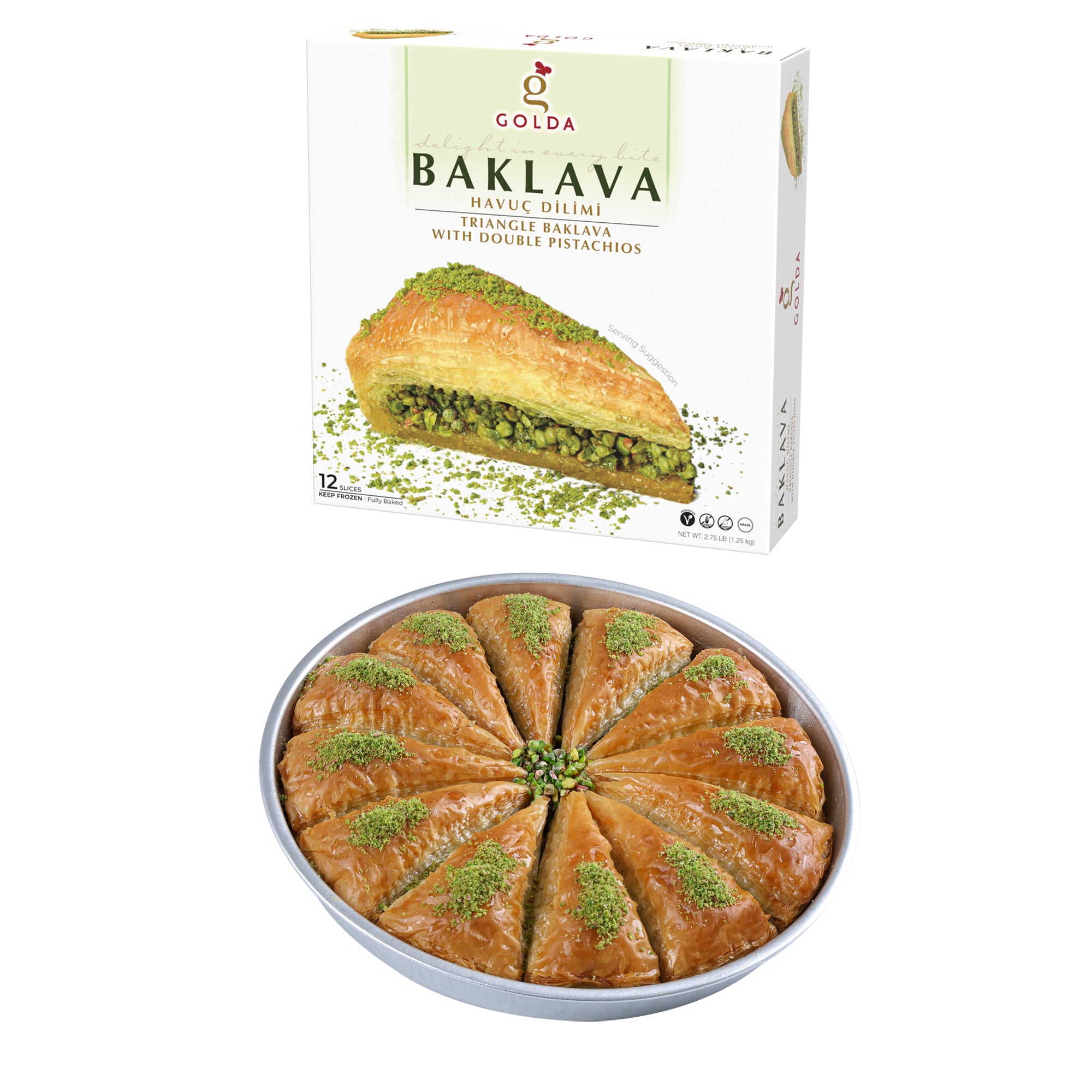 GOLDA TRIANGLE BAKLAVA WITH DOUBLE PISTACHIO 12 SLICES 1.25KG