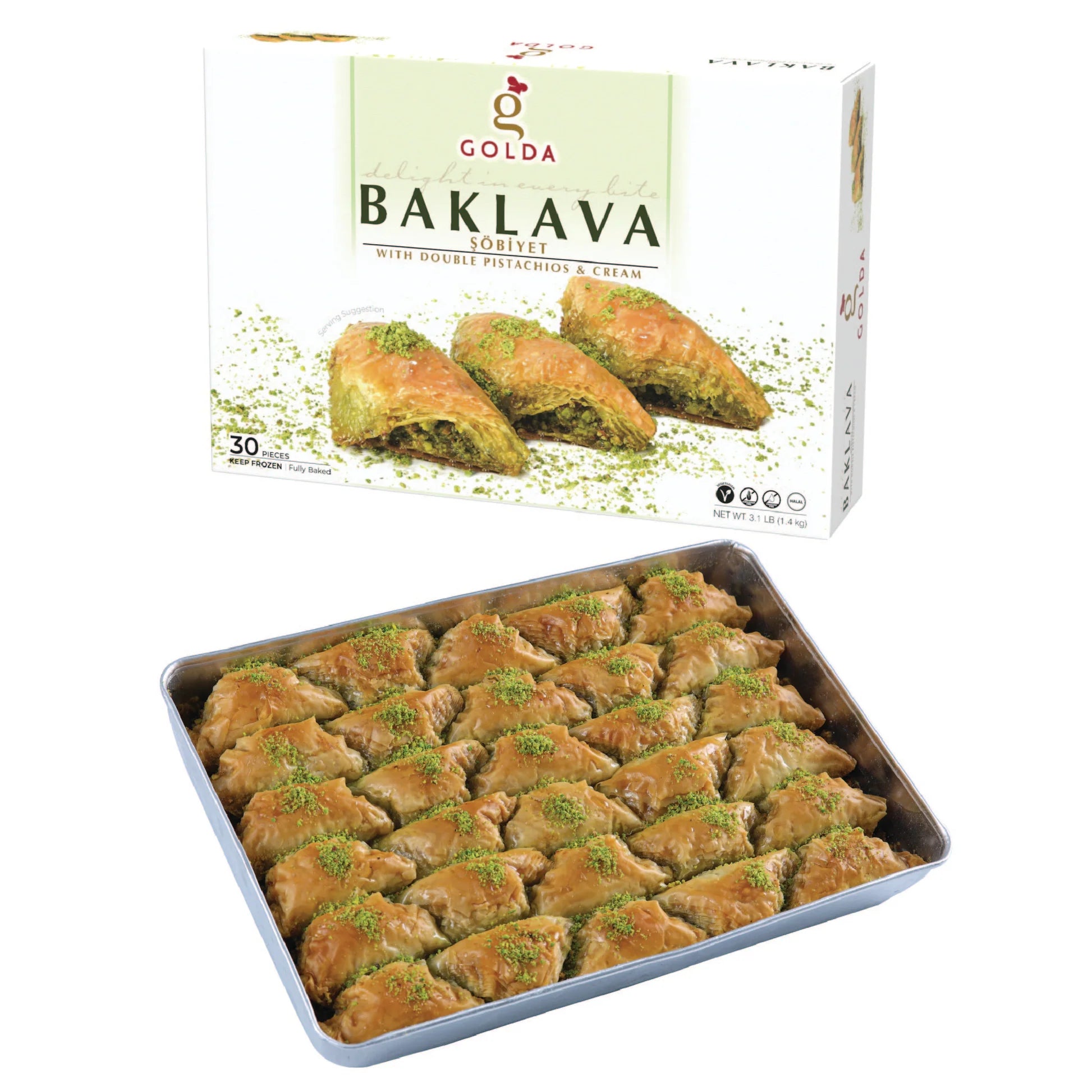 GOLDA SOBIYET BAKLAVA DOUBLE PISTACHIO & CREAM 30 PCS 1.4KG