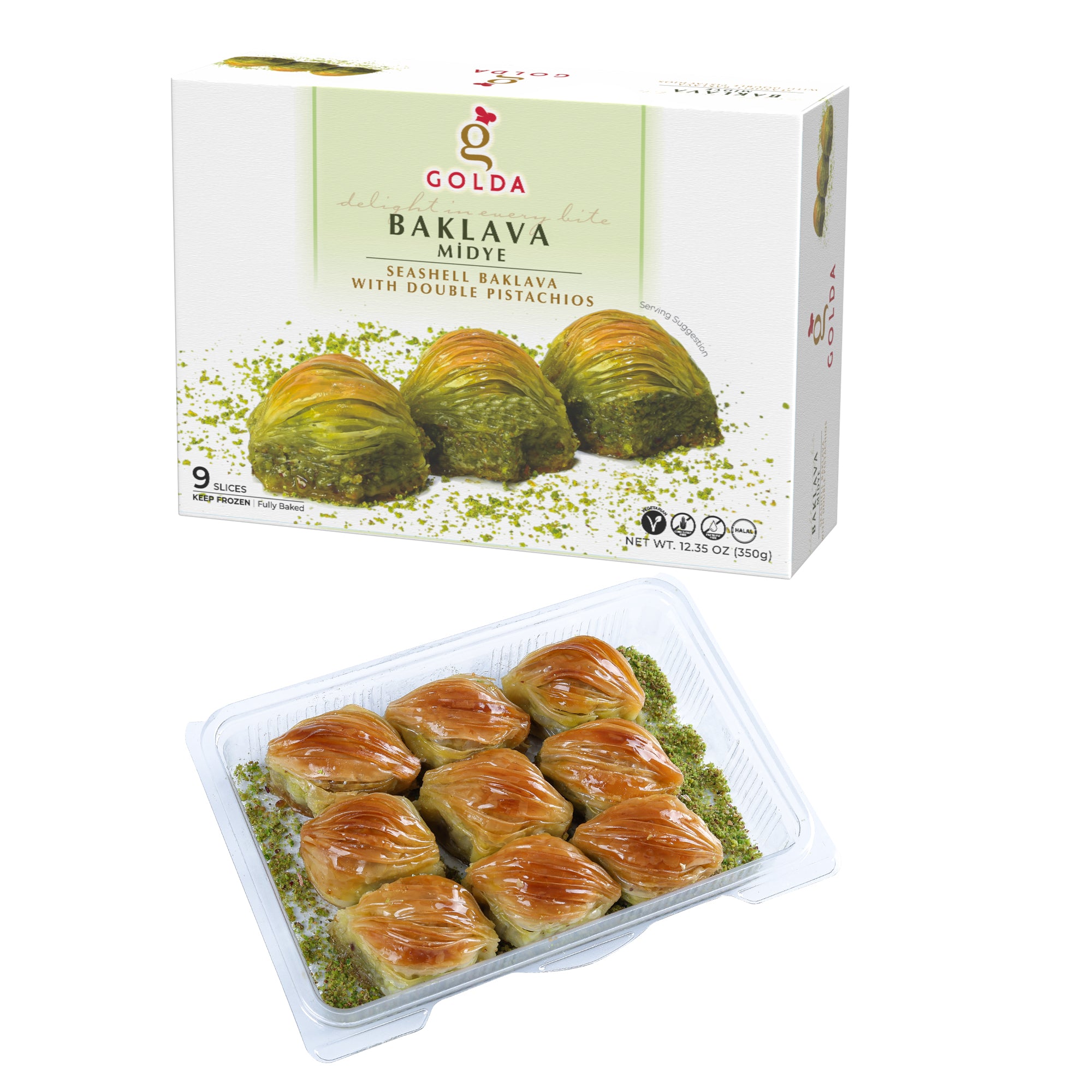 GOLDA MIDYE BAKLAVA DOUBLE PISTACHIO 9 SLICES 350G